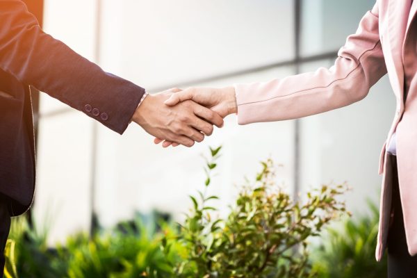 Closeup friendly meeting handshake between business woman and  businessman with sunlight.